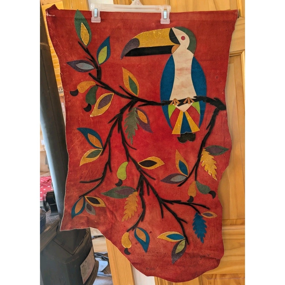 Vintage Handmade Leather Tucan Bird Scene‎ Wall Tapestry By Jose Marcos Brazil